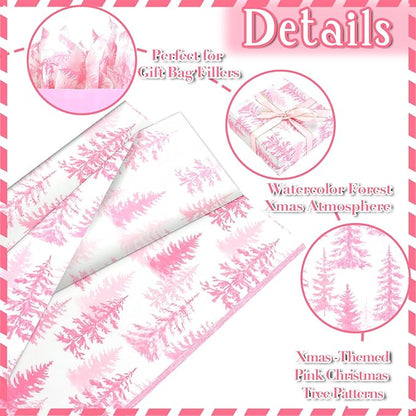 100 Sheets Christmas Tree Tissue Paper, 20x14in Forest Style Wrapping Tissue Watercolor Xmas Tree Art Tissue for Xmas Party Gift Bag Fillers Winter Party Decor (Pink)