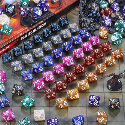 CiaraQ DND Polyhedral Dice (100pcs) with A Dice Bag Compatible with Dungeons and Dragons DND RPG MTG Role Playing Table Games (D% dice, 10 colors-100 pcs)