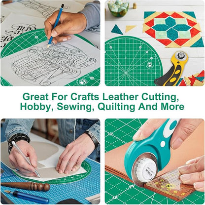 Headley Tools 10"x10" Round Rotating Cutting Mat, Self Healing Mat with 360-Degree Rotation & Anti-Slip Base, Sewing Board Cutting Mat Perfect for Fabric Quilting Leather Hobby Project, Green
