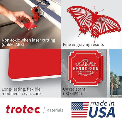 Trotec TroLase | 12"x20"x1/8", 4 Pcs | Red/White | 2 Ply | Modified Acrylic | Laser Engraving Double Color Plastic Sheet | Engraving Blanks for Laser, Saw, Guillotine | Made in USA