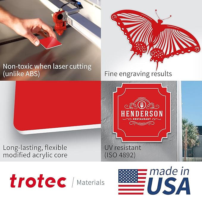 Trotec TroLase | 12"x20"x1/16", 4 Pcs | Red/White | 2 Ply | Modified Acrylic | Laser Engraving Double Color Plastic Sheet | Engraving Blanks for Laser, Saw, Guillotine | Made in USA
