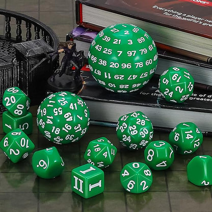 CiaraQ DND Polyhedral Dice Set (15pcs) D4-D100 Game Dice with Dice Bag for Dungeons and Dragons Role Playing Table Games (Green & White)