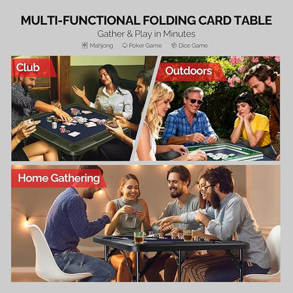 PEXMOR 35" Foldable Mahjong Table, 4 Player Card Game Table w/Cup Holders & Chip Grooves, Portable Folding Poker Domino Board Game Table for Blackjack, Texas Hold'em, Jigsaw Puzzles Game (Blue, 35")
