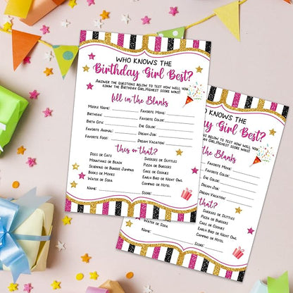 20 Pieces Who Knows The Birthday Girl Best Game Cards - Birthday Party Activity Game Card Set Girly Themed Party Activity and Idea - for Child or Teen - Girl Birthday Supplies, Activity, Decorations