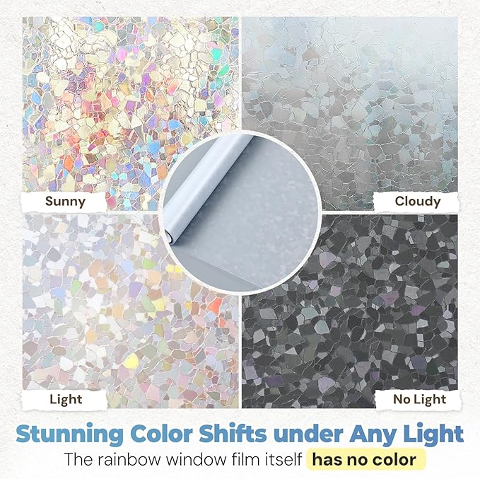 DOWELL Window Privacy Film Rainbow Film, Stained Glass Decorative Sticker, Static Cling Non-Adhesive Glass Clings, Sun Blocking Heat Control Window Coverings for Home Door, 35.4" x 118.1"