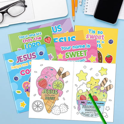 JAPBOR Ice Cream Coloring Books - 24PCS Mini Summer Religious Color Book Bulk for Kids Party Favors, Christian Jesus Small Colour Pages for Sunday School Class Drawing Painting Games Goodie Bag Filler