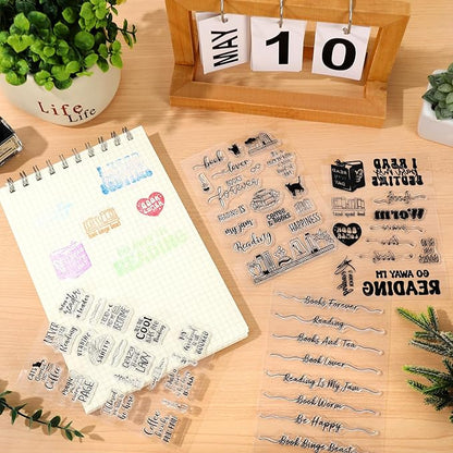 Whaline 4 Sheets Reading Words Clear Stamps Greeting Words Bookcase Bookshelf Silicone Transparent Stamps for DIY Craft Card Making Scrapbooking Embossing Album Decor