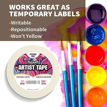 3 Pack White Artist Tape - Masking Artists Tape for Drafting Art Watercolor Painting Canvas Framing - Acid Free 0.6inch Wide 540FT Long Total