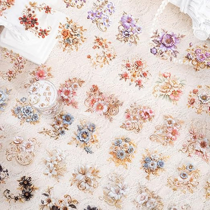 6PCS Baroque Flower PET Tape Set, Vintage Floral Pre-Cut Tapes for Journaling, Scrapbooking, and Junk Journal Ephemera, with Decorative Clip