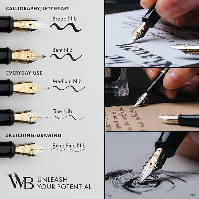 Wordsworth & Black Fountain Pen Set, Bent Nib, Includes 24 Pack Ink Cartridges, Ink Refill Converter & Gift Box, Calligraphy, [Imperial Blue], Perfect for Men & Women
