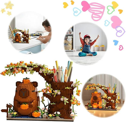 Capybara Building Blocks Set -1880PCS Cute Animals & Flowers Building Bricks Kit Kawaii Capybara Gifts Toy for Kids Age 6+, Capybara Stuff Pen Holder&Desk Organizer, Arts & Crafts for Boys Girls Adult