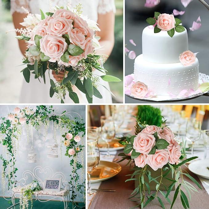 AmyHomie Artificial Flowers Blush Pink Rose 100pcs Real Looking Fake Roses w/Stem for DIY Wedding Bouquets Centerpieces Arrangements Party Baby Shower Home Decorations