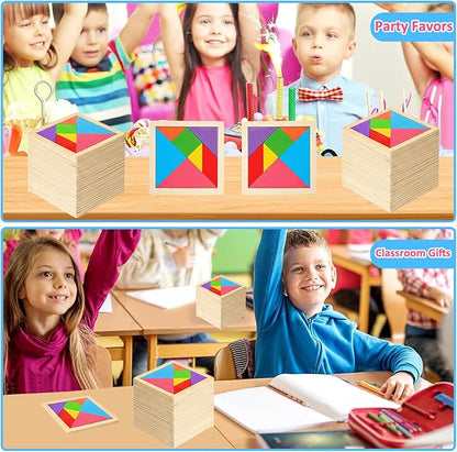 12 Pack Tangram Puzzle Wooden Kids Party Favors, Goodie Bags Stuffers for Kids, Return Gifts for Birthday Party, Classroom Prizes Rewards for Students