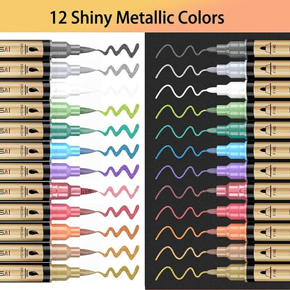 Metallic Marker Pens, 12 Colors Dual Tip Acrylic Paint Pens for Black Paper, Scrapbooking, Photo Album, Rock Painting, Paint Marker for DIY Arts & Crafts, Glass, Wood, Card Making, Scrapbook Supplies