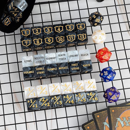 65 Pieces MTG Dice Counters Life Keyword Counter Dice Set Plus One/+1 Buff Abilities Shield Tokens for MTG, TCG, Cards Gaming Accessories