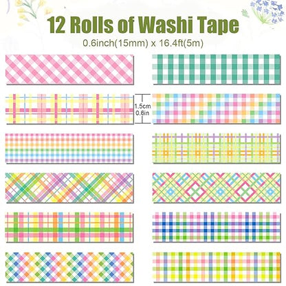 12 Rolls Plaid Washi Tape Set, Colorful Pastel Buffalo Plaid Checkered Masking Decorative Adhesive Tapes for DIY Craft Scrapbook Journals Gift Wrapping Thanksgiving Christmas Party Decor 16.4FT