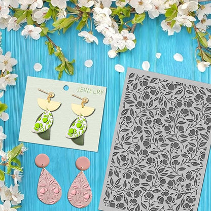 Arbuya Floral Blossom Polymer Clay Texture Mat - Flowers Leaves Leaves Texture Sheet for Polymer Clay Jewelry Making, Earring Charms, DIY Craft Supplies