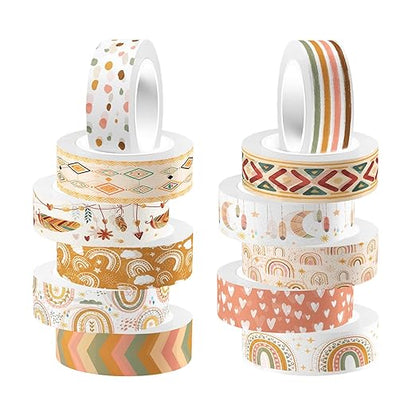 12 Rolls Washi Tape Boho Washi Tape Set Vintage Rainbow Sun Stars Masking Tapes Decorative Paper Stickers Decorative Tapes for DIY Art Crafts Wrapping Decor Junk Journal Scrapbooking Gifts Stickers