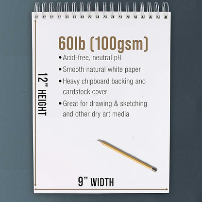 U.S. Art Supply 9"x12" Top Spiral Bound Sketch Book, 2 Pack, 100 Sheets Each, 60lb (100gsm), Acid-Free, Artist Sketchbook, Drawing Pad for Adults & Students