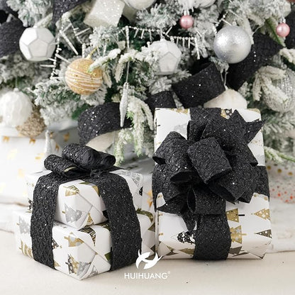 HUIHUANG Glitter Black Wired Ribbon for Christmas Tree 2.5 inch Black Diamond Mesh Wire Ribbon for Tree Decoration, Wreaths, Garland, Gift Wrapping, Bows Making, Halloween Decor -10 Yards