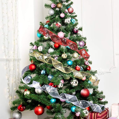 2.5 Inch Wide Christmas Wired Ribbon Snowflake Organza Sheer Glitter Ribbon for Xmas Tree, Wreath, Party Decoration, Gift Wrapping (Golden, 10.9 Yards)