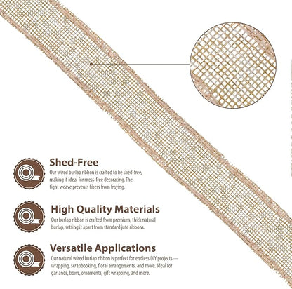Mandala Crafts Natural Burlap Wired Ribbon 1 Inches Wide Jute Ribbons for Crafts - 10 Yds Roll Rustic Burlap Wrap Trim Ribbons for Wreaths Bows Party Decoration