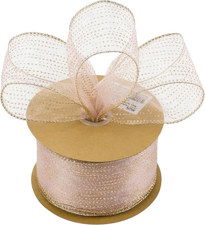 MEEDEE Rose Gold Sheer Glitter Wired Ribbon 2.5 Inch Horizontal Stripes Polka Dot Christmas Ribbon Organza Sheer Glitter 25 Yards for Christmas Tree, Wreath, Bow Making