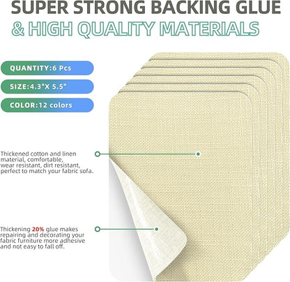 Azobur Coarse Linen Repair Patches, 6 Piece Self-Adhesive Linen Fabric Patches, Multi Color, Can be Used for Linen Sofa Repair and Linen Clothes Repair, Quick Fix Sofa.(Cream-Yellow)
