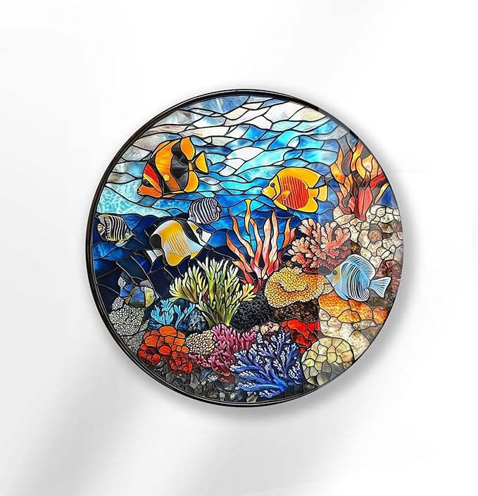 My Photostation.com 24''(60cm) Diameter Coral Reef Mosaic Round Glass Wall Art Tempered Glass Printing Wall Decor Large Wall Art Wall Hangings