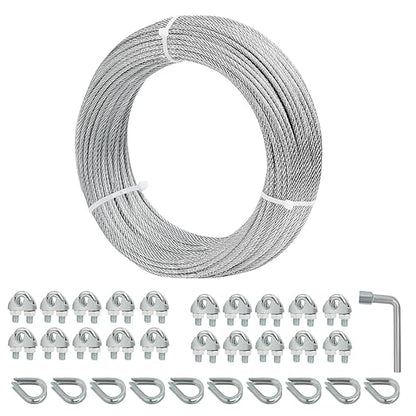 1/8 Galvanized Steel Wire Rope Cable, 100FT Galvanized Steel Cable with Rope Clamp and Thimble, 7X7 Strand Core Aircraft Cable Used for Anchored Shed, Fencing, Sunshade, Clothesline,