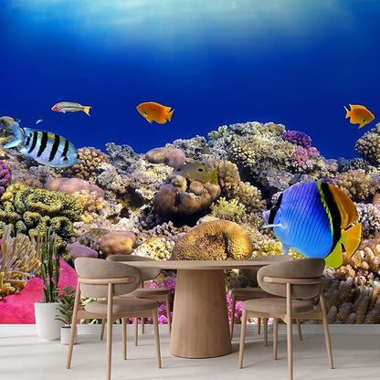wall26 Wall Sticker/Wall Mural Tropical Blue Fish Coral Reef Ocean Seascape Nature Wilderness, Not Peel and Stick, Non-Woven Wallpaper Decorative for Bedroom, Living Room, Office - 132x192 inches