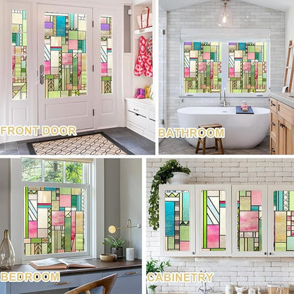 3D Stained Glass Window Privacy Film, Heat Control UV Blocking Static Cling Decorative Window Film for Bathroom,Front Door,Home Non Adhesive,Colorblock 16.9 x 78.7 inches