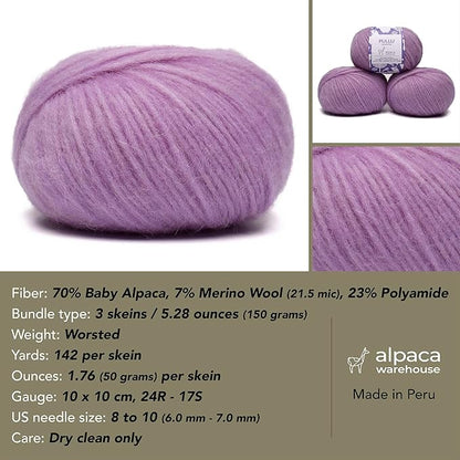 Pullu - Baby Alpaca Merino Wool Yarn Set of 3 Skeins (150 Grams) Worsted Weight - Sourced Directly from Peru - Heavenly Soft and Perfect for Knitting and Crocheting (Lavender Fields)