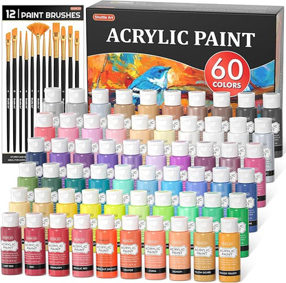 72 Pack Acrylic Paint Set, Shuttle Art 60 Colors Acrylic Paint Including Extra White Black & 12 Brushes, 2oz/60ml, Rich Pigmented, Water Proof, Ideal for Artists, Beginners on Canvas Rock Wood Ceramic