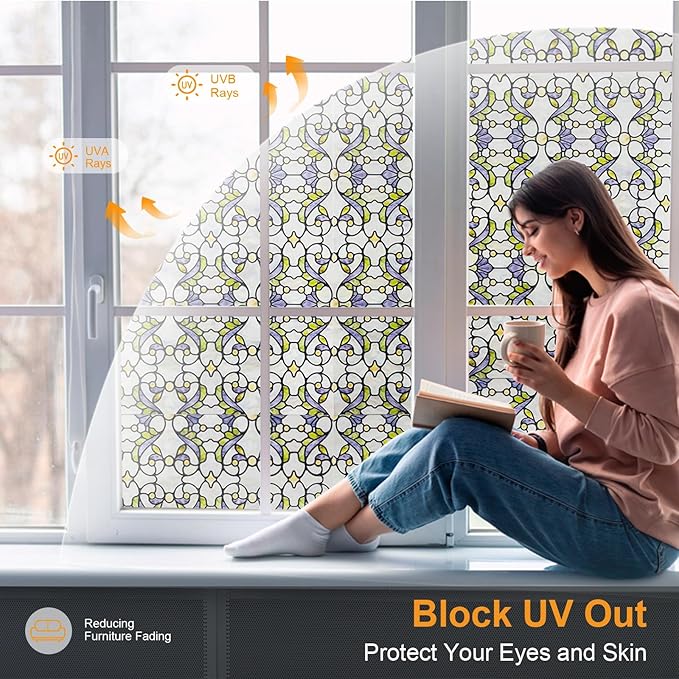3D Stained Glass Window Film, Decorative Window Privacy Film for Bathroom,Front Door,Home, Sun Blocking Heat Control,Static Cling, Genes 23.6inch x 35.4inch