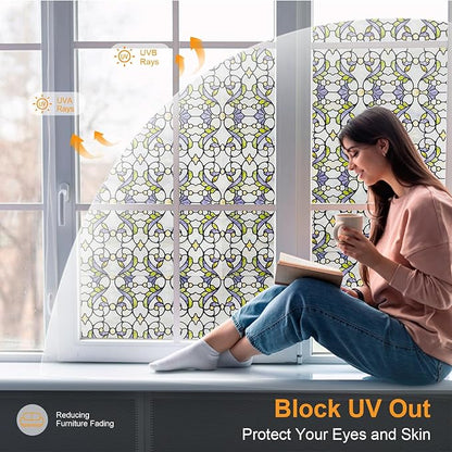3D Stained Glass Window Film, Decorative Window Privacy Film for Bathroom,Front Door,Home, Sun Blocking Heat Control,Static Cling, Genes 23.6inch x 35.4inch