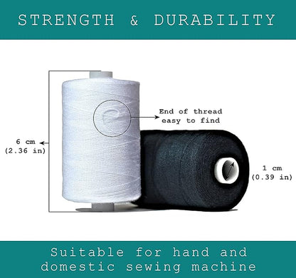 Black & White Sewing Thread - 6 Spools of Polyester Thread for Sewing Machine for Beginners, Hand Stitching & Quilting - 1000 Yards Per Spool