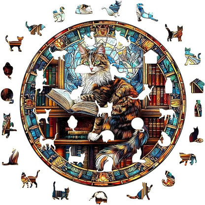 Wooden Puzzles Adults, Maine Cat Library Wooden Puzzles 200 Pieces, Unique Animal Shaped Wood Challenging Jigsaw Puzzles Gifts for Adults, 11.4x11.4in