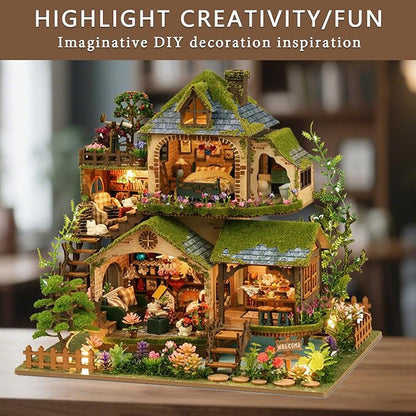 DIY Miniature House Kit, Mini House Building Kit with LED, DIY Miniature Kit for Adults Teen, Dollhouse Kit, Forest Adventure