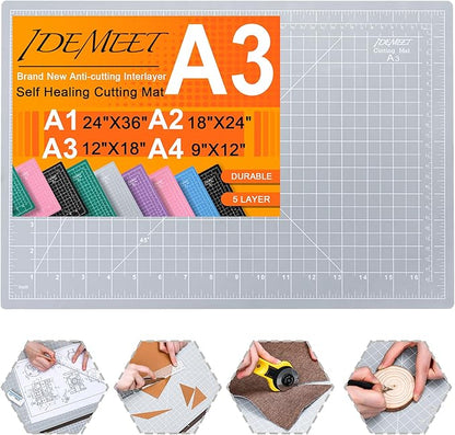 Density-upgraded 18"x12" Self Healing Cutting Mat, Idemeet Rotary Sewing Mat for Crafts, 5-Ply Blade Table Protector Cut Board for Fabric Leather Cutting Quilting Modeling Hobby Project, A3, Gray