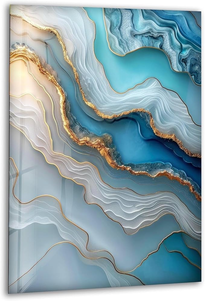 My Photostation.com 24Wx30H'' Turquoise and Blue Alcohol ink Glass Wall Art Tempered Glass Printing Wall Decor Large Wall Art Wall Hangings