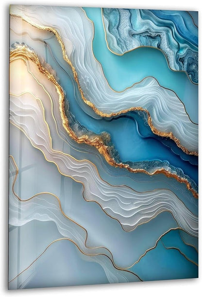 My Photostation.com 30Wx35.5H'' Turquoise and Blue Alcohol ink Glass Wall Art Tempered Glass Printing Wall Decor Large Wall Art Wall Hangings