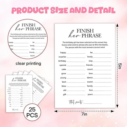 Birthday Party Games, Finish Her Phrase, 25 Pcs Card Set for Guests, Fun Birthday Game for Teen Adults – A01
