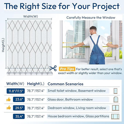 rabbitgoo Window Privacy Film for Glass Windows, Frosted Glass Cling with Decorative Moroccan Lattice, Removable Heat Control Sun Blocking Door Covering Sticker for Home Bathroom, 35.4 x 78.7 inches