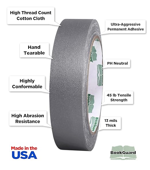 BookGuard 1 Inch Premium Bookbinding Repair Cloth Tape, 15 Yard Roll, Gray