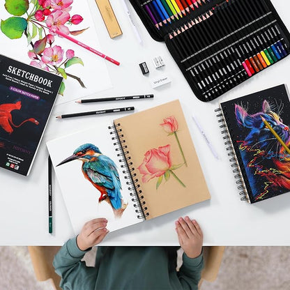 HIFORNY 176 PCS Art Supplies Drawing Set Sketching Kit with 100 Sheets 3-Color Sketchbook,Graphite Colored Charcoal Watercolor & Metallic Pencils,Blending Tools and More, for Beginner Artists