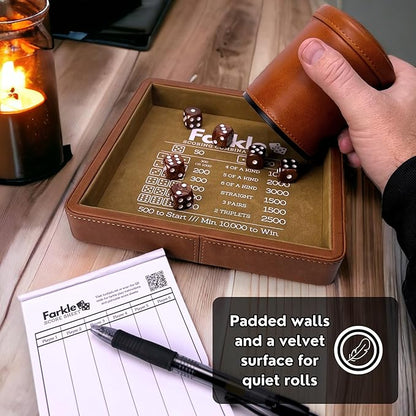 Luck Lab Farkle Dice Tray and Storage Case - Includes Embedded Scoring Combinations, 2 Sets of 6 Pearl Dice, 40 Sheet Score Pad and Pen Holder for The Classic Family Game (Brown)