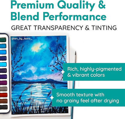 MozArt Supplies Watercolor Paint Essentials Set - Lightweight and Portable Metal Box - Lid Has 3 Partitions for Color Mixing - Easy-to-Blend Non-Toxic Formulation - 24 Vibrant Colors with Paintbrush