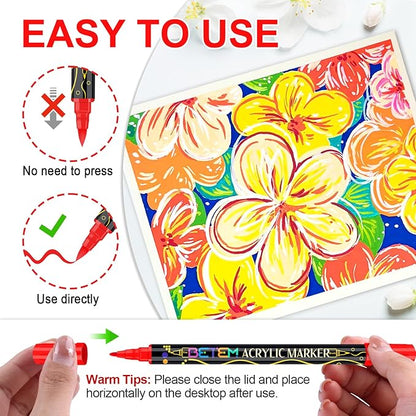 Betem Paint Markers Acrylic Paint Pens, Dual Tip 72 Colors Acrylic Markers with Brush Tip and Fine Point, Art Supplies for Wood, Canvas, Stone, Glass, Rock Painting Kit DIY Crafts Drawing Kit with Bag