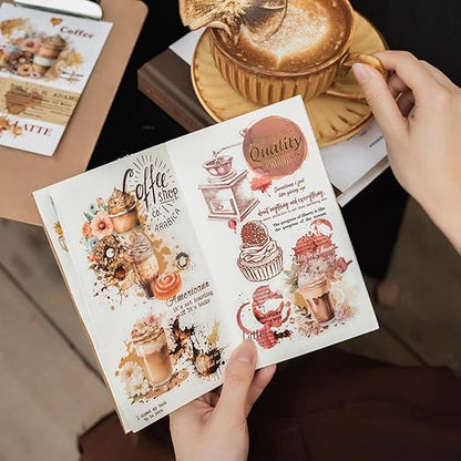 Memories of Coffee PET Tape Set, 6 Rolls Vintage Coffee Stain Stickers with Clip for Scrapbooking, Journaling, DIY and Crafts Supplies